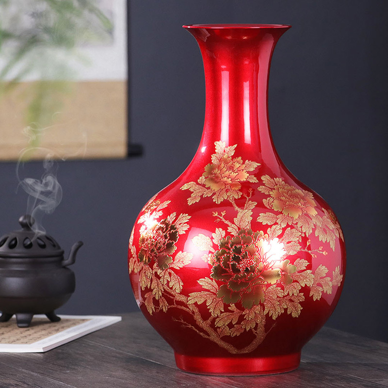 Jingdezhen Ceramic Vase Ornaments Chinese Red Flower Arrangement Chinese-Style Home Living Room Decorations Crafts Porcelain Vases