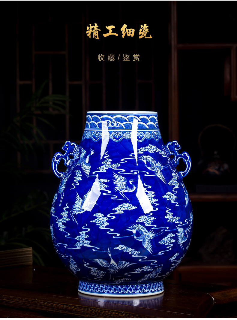 Jingdezhen ceramics hand - made of archaize f barrel of blue and white porcelain vase big ears cranes porcelain decorative furnishing articles