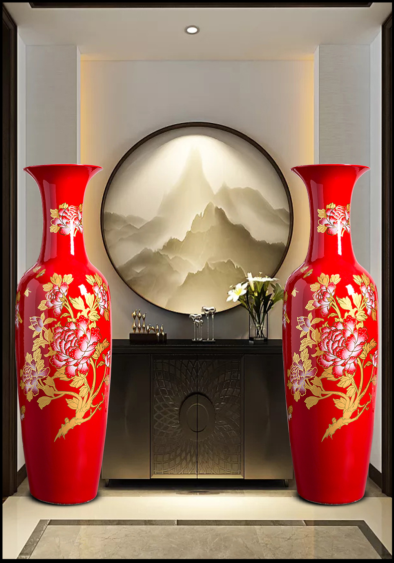 Jingdezhen ceramics big vase red blooming flowers sitting room ground adornment furnishing articles to heavy large number for the opening