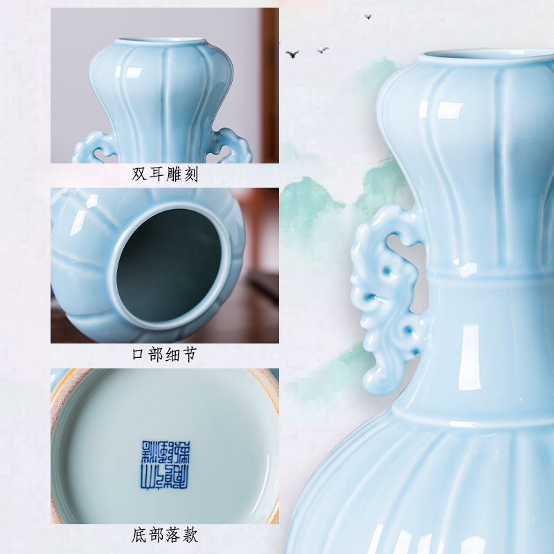 Jingdezhen ceramics azure glaze carving vase archaize sitting room ark adornment to restore ancient ways of Chinese style household furnishing articles