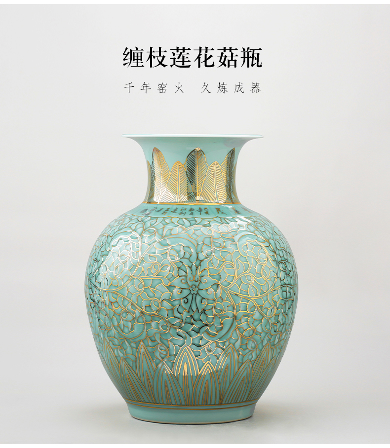Jingdezhen ceramics vase manual reliefs green glaze decoration paint the living room of Chinese style household office furnishing articles