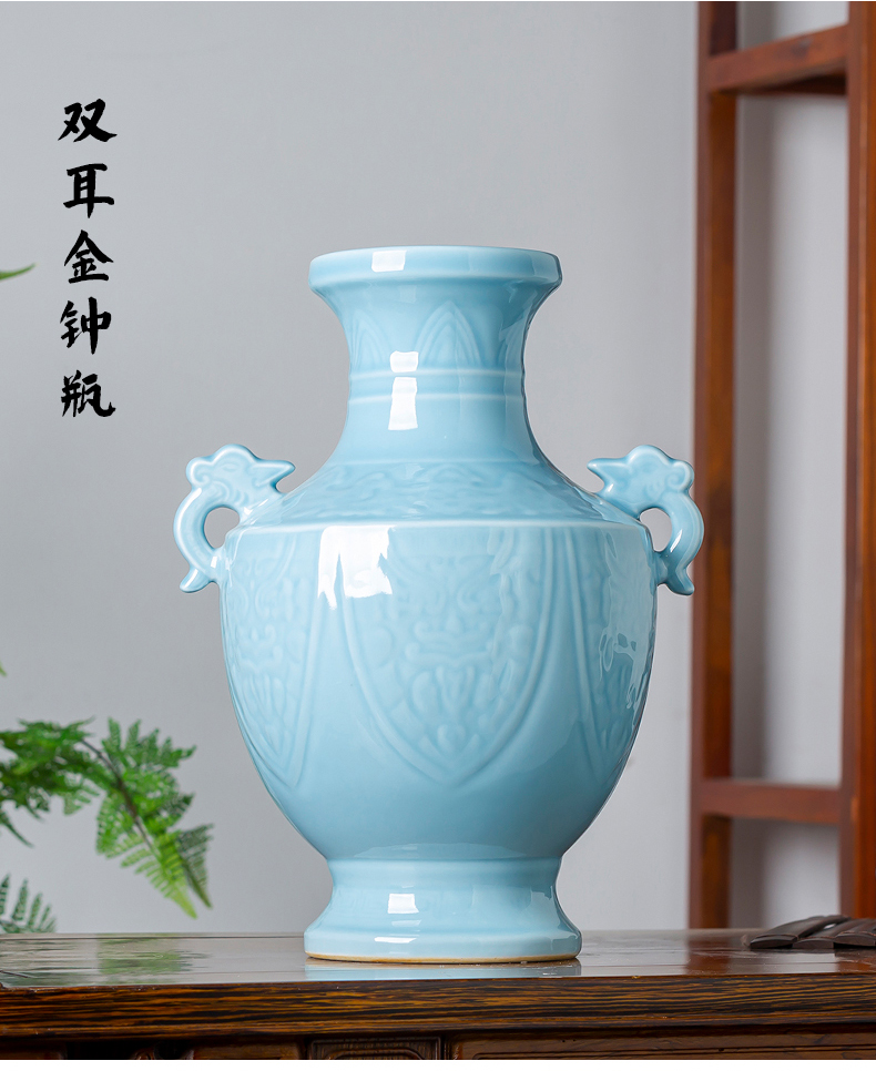 Jingdezhen ceramics azure glaze carving vase archaize sitting room ark adornment to restore ancient ways of Chinese style household furnishing articles