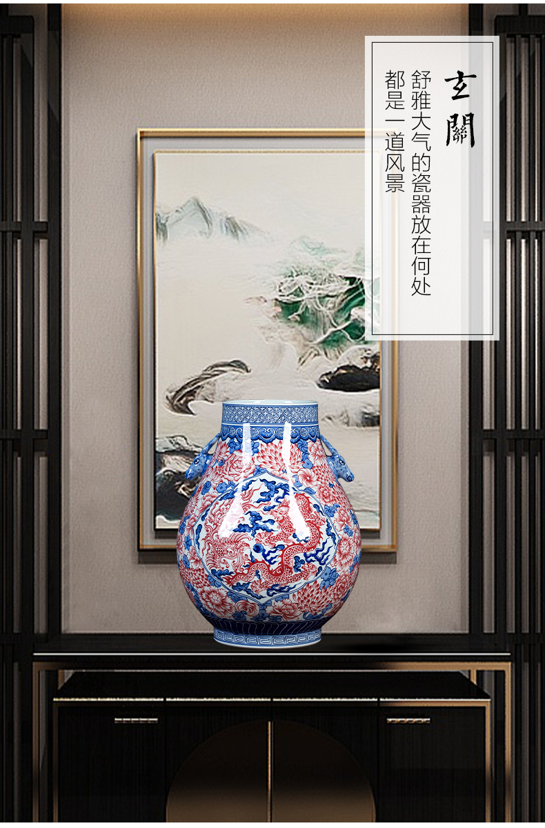 Jingdezhen ceramics antique hand - made youligong red dragon grain ears of blue and white porcelain porcelain tube vase expressions using furnishing articles