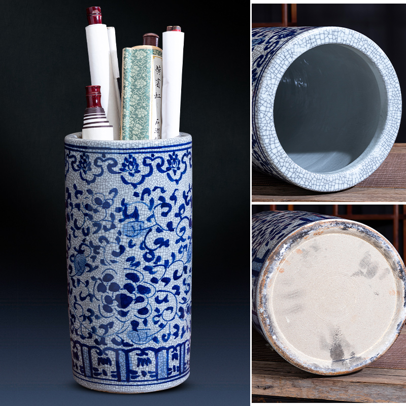 Jingdezhen ceramic hand - made archaize large blue and white porcelain vase painting and calligraphy scrolls cylinder word quiver sitting room floor furnishing articles