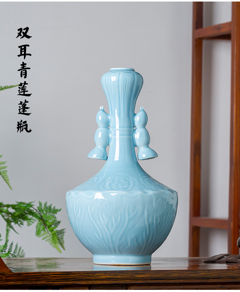 Jingdezhen ceramics azure glaze carving vase archaize sitting room ark adornment to restore ancient ways of Chinese style household furnishing articles