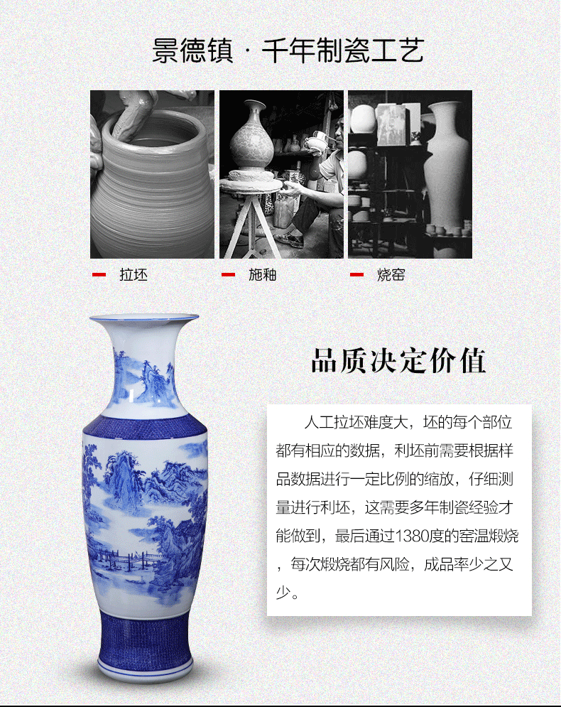 Jingdezhen landing big large porcelain vase ceramics high blue and white porcelain vases son sitting room adornment of Chinese style hotel