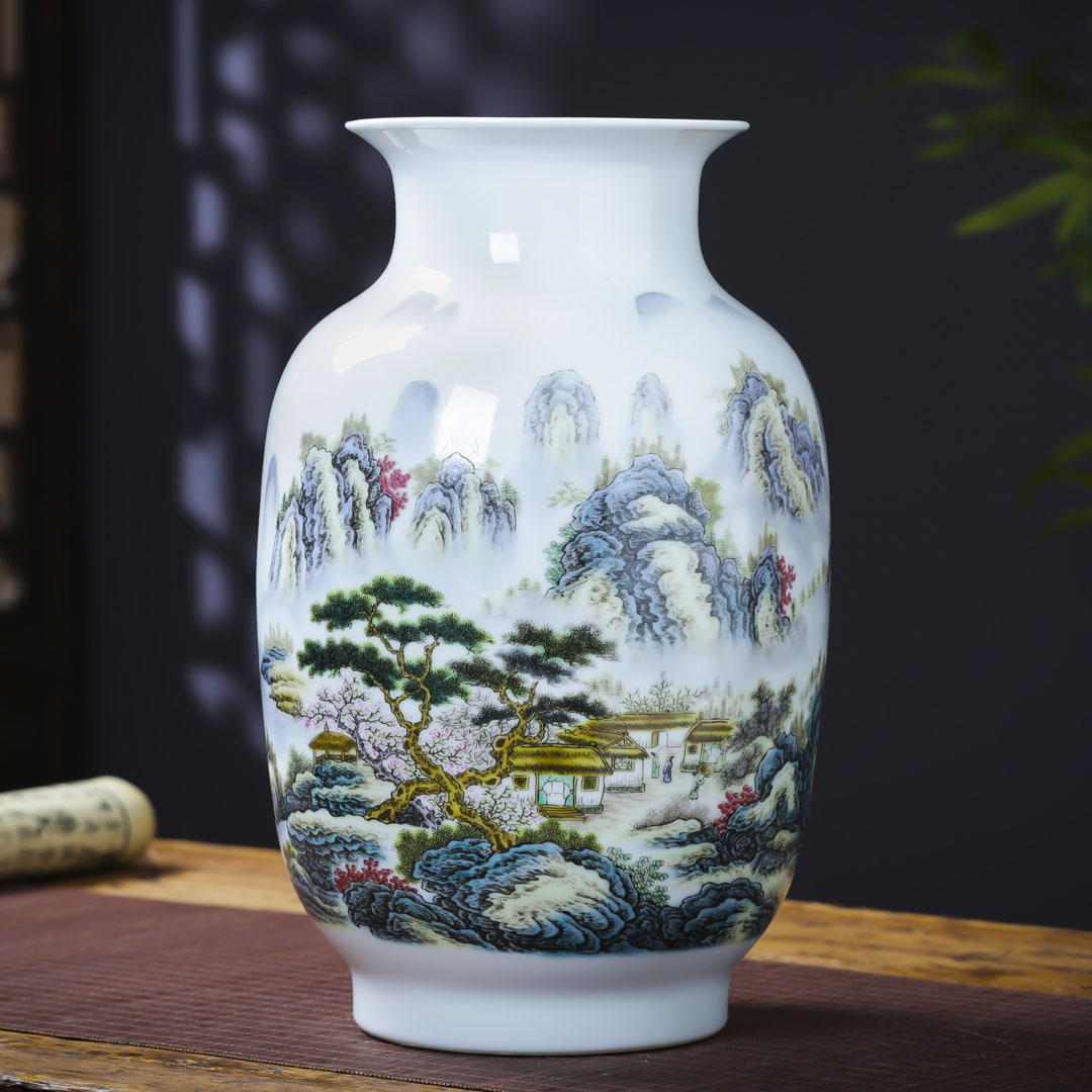Jingdezhen Ceramic Ceramics Powder Color Landscape Painting Rich And Expensive Bamboo Vase Pendulum Pieces Living-room Flower Arrangement Home TV Cabinet Decorations