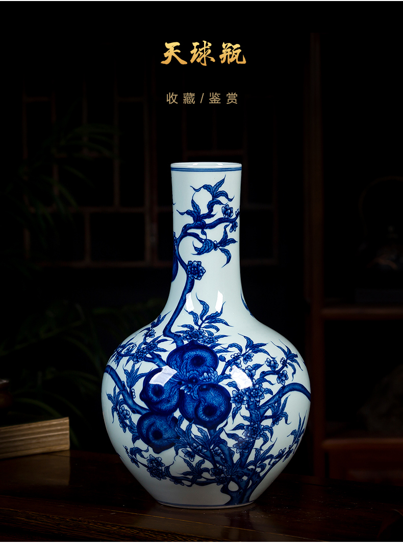 Under the jingdezhen ceramics glaze color blue and white porcelain vase peach hand - made big Chinese sitting room adornment is placed