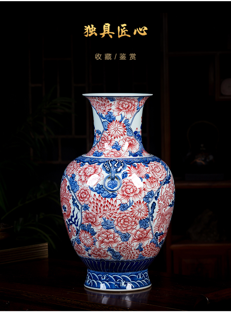 Porcelain of jingdezhen ceramics hand - made youligong red dragon grain of blue and white Porcelain vase big new Chinese style household ornaments