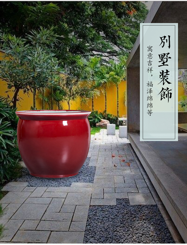 Jingdezhen ceramics antique ruby red fish tank red porcelain jar large painting and calligraphy calligraphy and painting decorative furnishing articles water lily cylinder cylinder