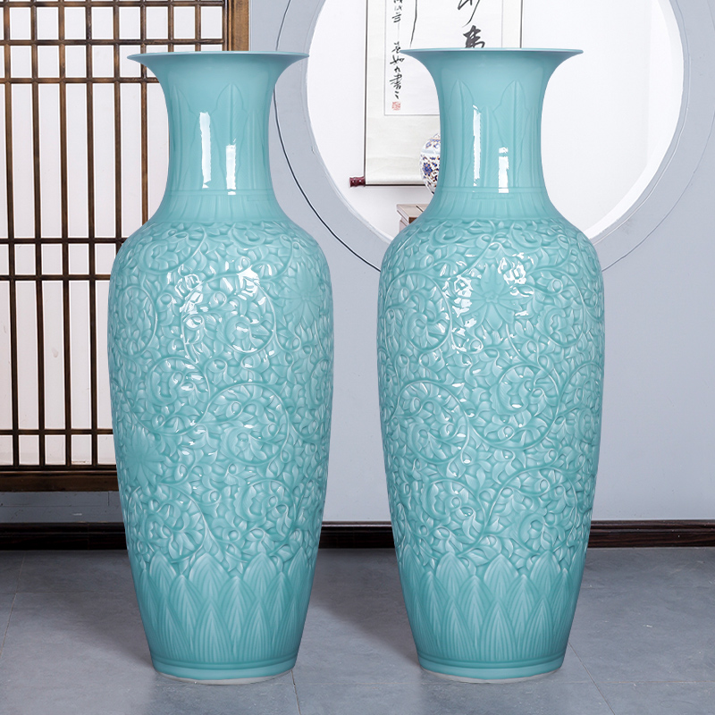 Jingdezhen ceramics craft anaglyph celadon big vase landed furnishing articles large green glaze office sitting room adornment