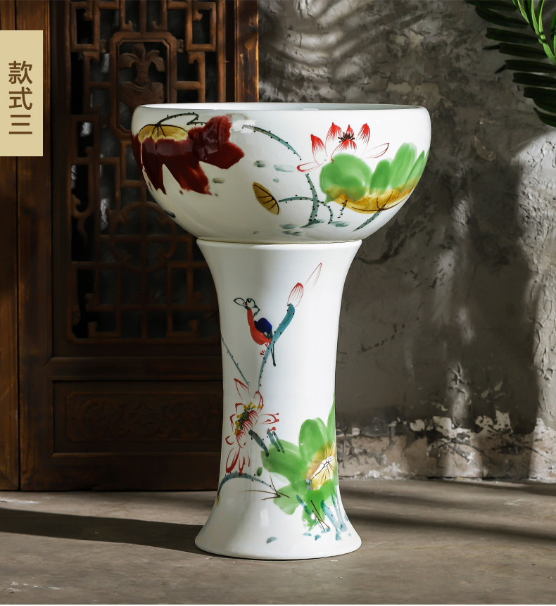 Jingdezhen ceramics pillar landing fish basin large fish bowl lotus lotus lotus tortoise furnishing articles