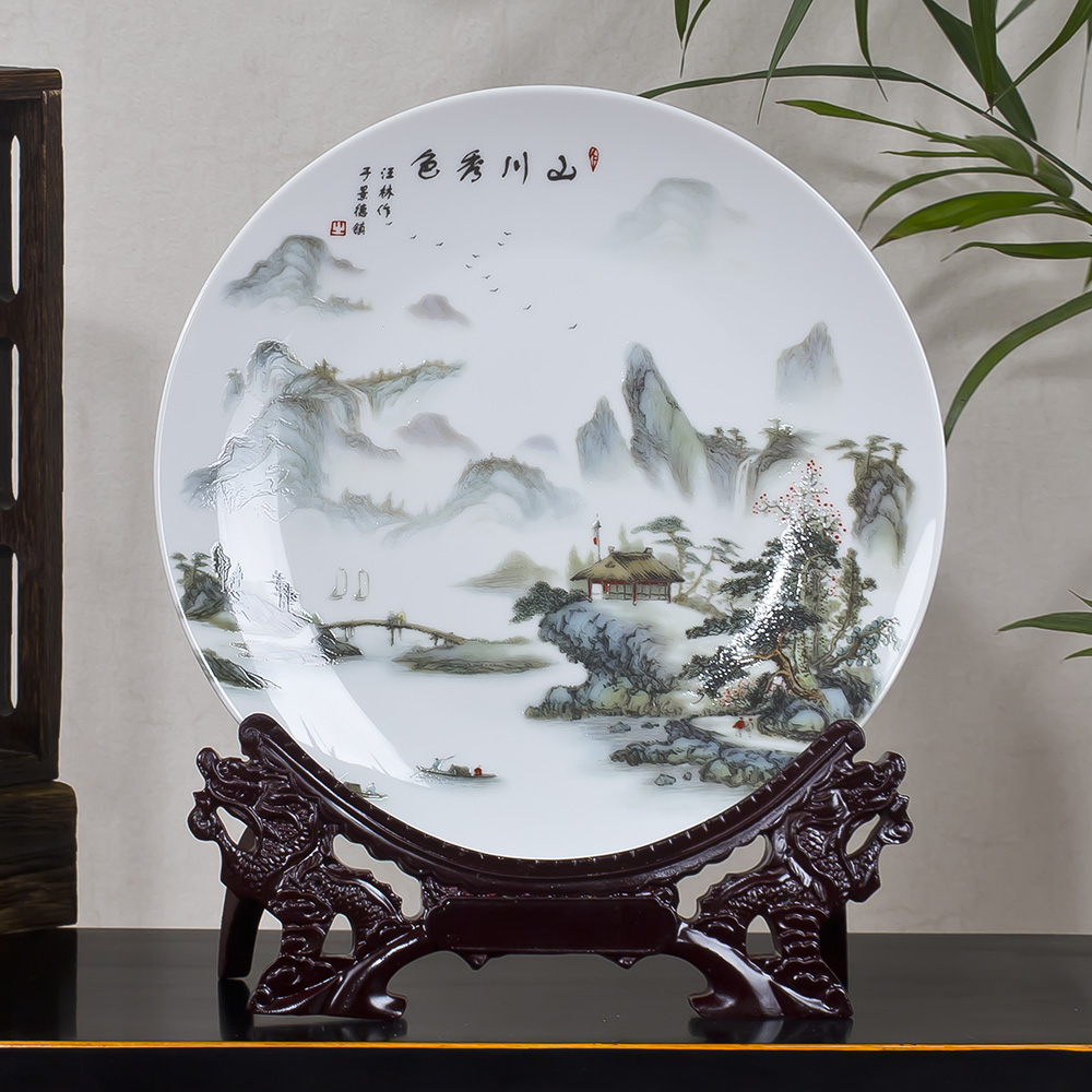 Jingdezhen ceramic ornaments porcelain plate pastel landscape painting decorative plate hanging plate porcelain plate modern classical home accessories