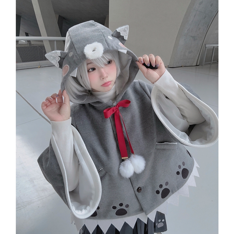 【Dear Dolls】Original Cute and Soft Big Bad Wolf Embroidered Woolen Coat Cape + Pleated Skirt