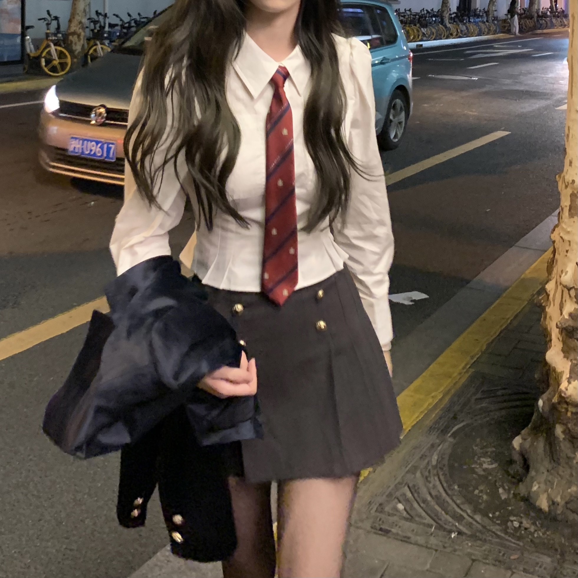 Your home spicy halo lala goddess coming to early autumn clothing grey college wind half tightness 100 pleats half body dress