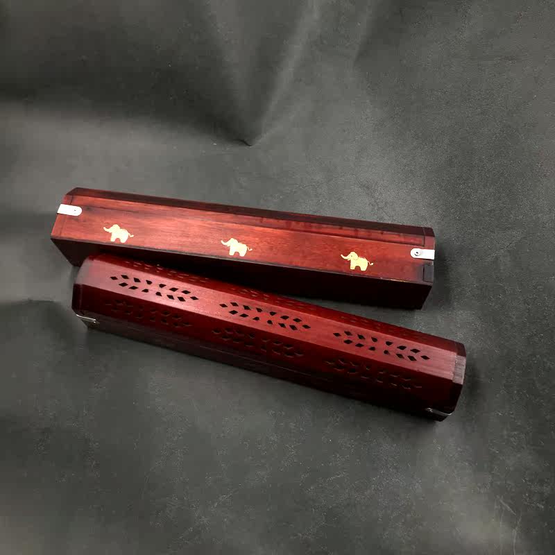 Indian hand-inlaid copper elephant hollow peach wood classical wind lying incense line incense burner box household indoor dressing room