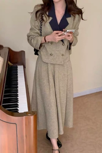 Весенний осенний комплект, ретро костюм, юбка в складку, длинная юбка, в стиле Шанель, французский стиль