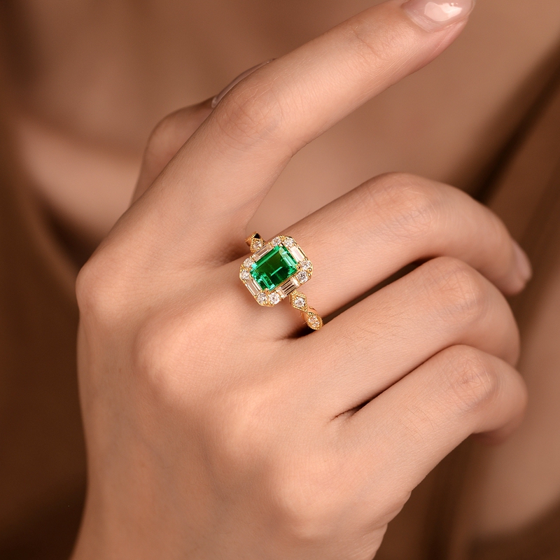 Cultivated Emerald Ring 1.28 Carat Square Emerald Gemstone Diamond Ring European and American Gift Sterling Silver Gold-Plated Muzao