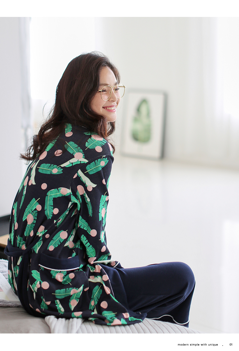 Bộ đồ ngủ mùa xuân và mùa thu của cặp đôi đồ ngủ cotton dài tay của phụ nữ ba mảnh phù hợp với quần áo gia đình thời trang đơn giản phù hợp với nam giới bộ mặc nhà đẹp