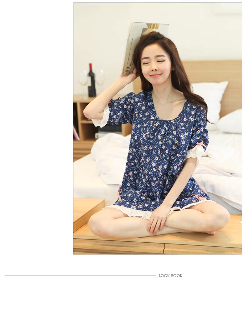 Bộ đồ ngủ Hàn Quốc Áo dài nữ mùa hè Áo ngắn tay cho nữ Áo dài mùa xuân và mùa thu Cotton tươi và bộ dịch vụ gia đình đáng yêu váy nữ đẹp