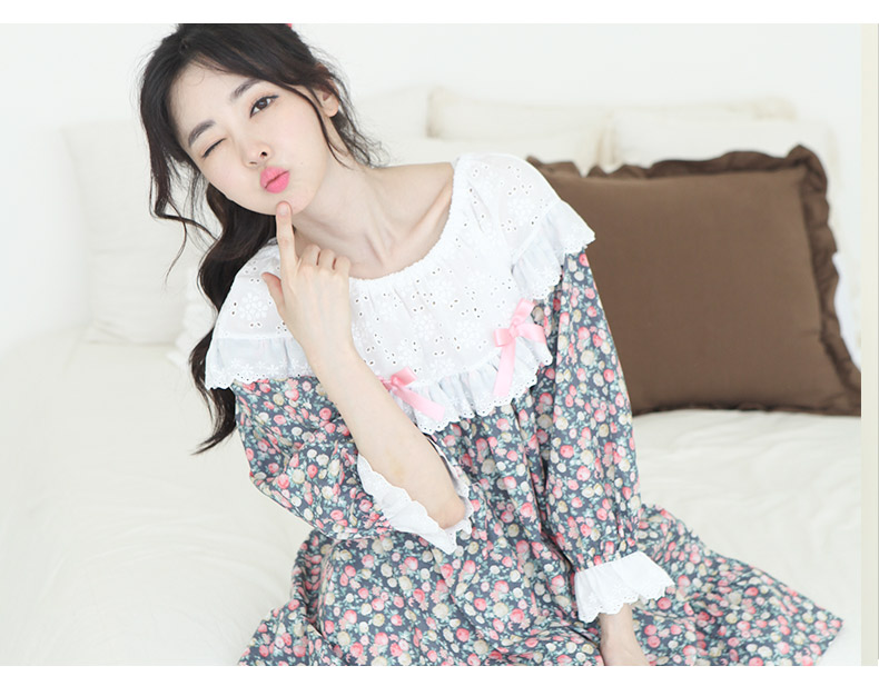 Áo dài phiên bản Hàn Quốc của váy ngủ nữ mùa hè đưa đón bằng vải cotton bảy điểm tay áo cô gái dễ thương váy ren dịch vụ nhà tươi váy đầm mùa đông