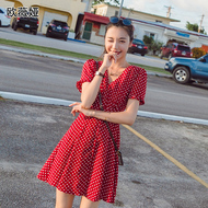 Ovia 2018 mùa hè của phụ nữ new retro lãng mạn Pháp thanh lịch điểm sóng ngắn tay áo Slim dress