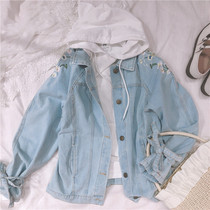 Embroidered denim coat female loose Korean girl student bf jacket 2021 spring vintage top versatile light color