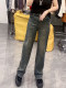 春季新款高腰弹力显瘦直筒牛仔裤大码百搭遮胯重工满天星阔腿裤子