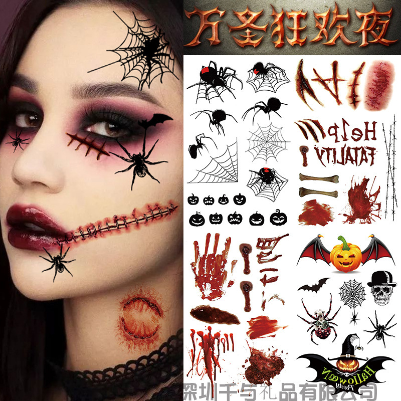 Halloween Tattoo Stickers Fake Scar Bleeding Spider Funny Scary Realistic Temporary Tattoo Tattoo