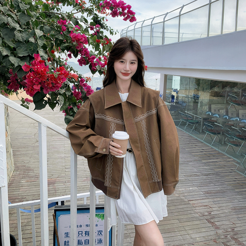 Bohemian Style Brown Embroidered Jacket for Women, Spring 2026 New Model, Petite Retro Casual High-End Jacket