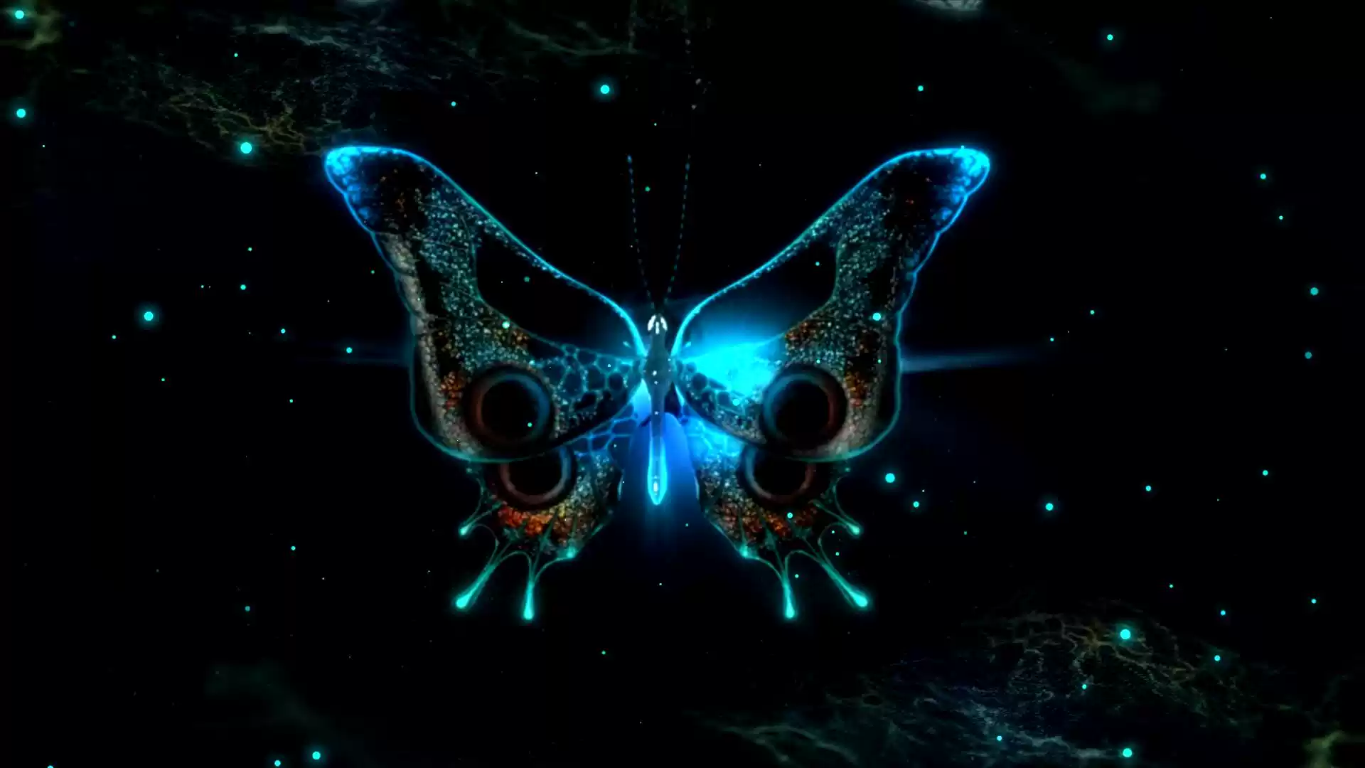 蓝色荧光蝴蝶振动翅膀全息投影背景晚会节目视频素材