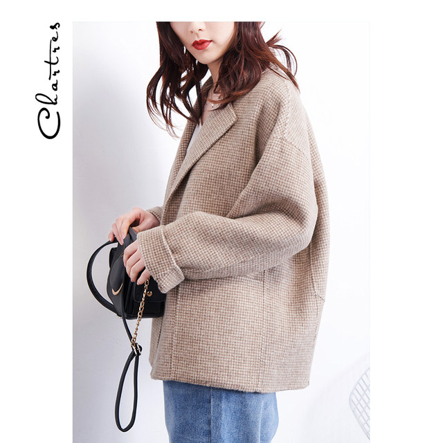 chartres short double-sided woolen coat plaid small mid-length cocoon-shaped woolen double-sided woolen coat women