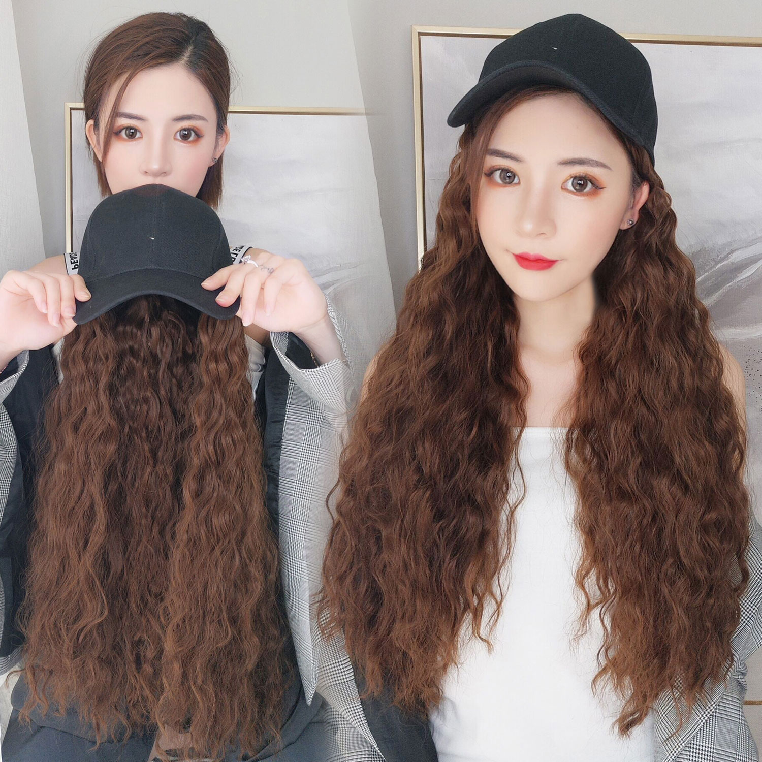 Wig hat female long curly hair corn natural net red instant noodles Wool one-piece spring and summer fashion full head new style wig