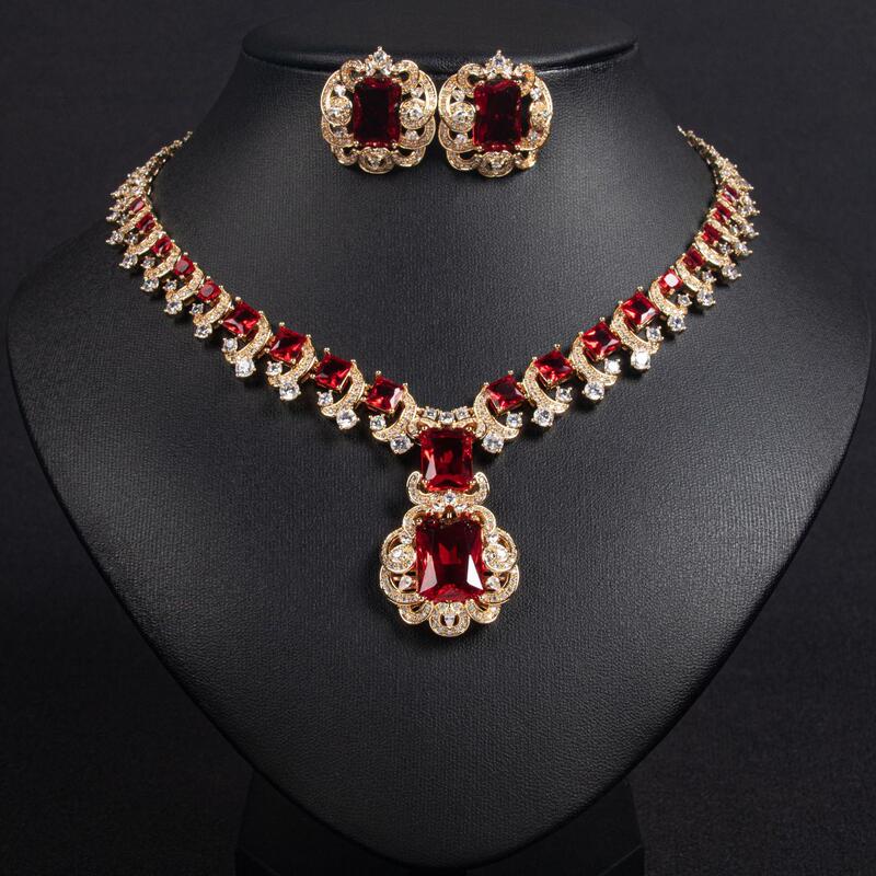 European and American Retro Shiny Zircon Earring Set Cross-Border Bridal Banquet Dress Ruby Necklace Jewelry Two-Piece Set