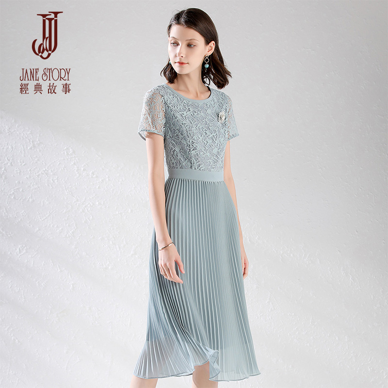 2022 new stylish round collar collection waist heckled plexein short sleeves in short sleeves Long dress lace dress