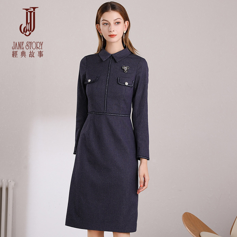 Classic Story 2022 Spring new fashion Flipped Collar slim fit A long version Long sleeves striped Ocean dress
