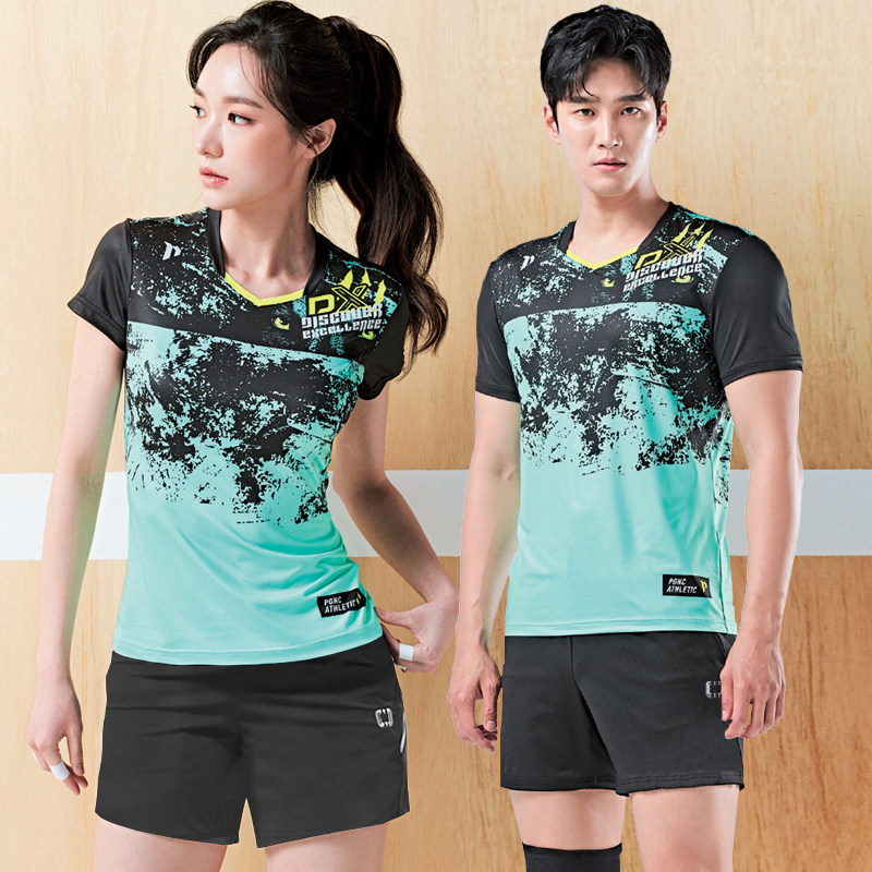 Spring and summer new badminton clothes men and women's speed dried dress short sleeve sportswear tennis suit table tennis team clothes printed