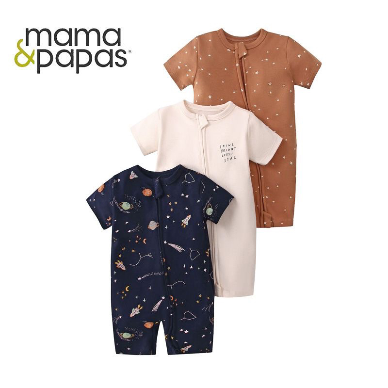 Mamapapas Baby Double Zipper Jumpsuit Air-Conditioned Crawling Suit Summer Bb Shirt Male Baby Short-Sleeved Romper All Cotton