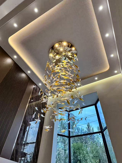 Modern Light Luxury Leaf Crystal Pendant Chandelier for Stairwell, Exhibition Hall, Clubhouse, Art Decoration, Living Room Lighting Fixtures