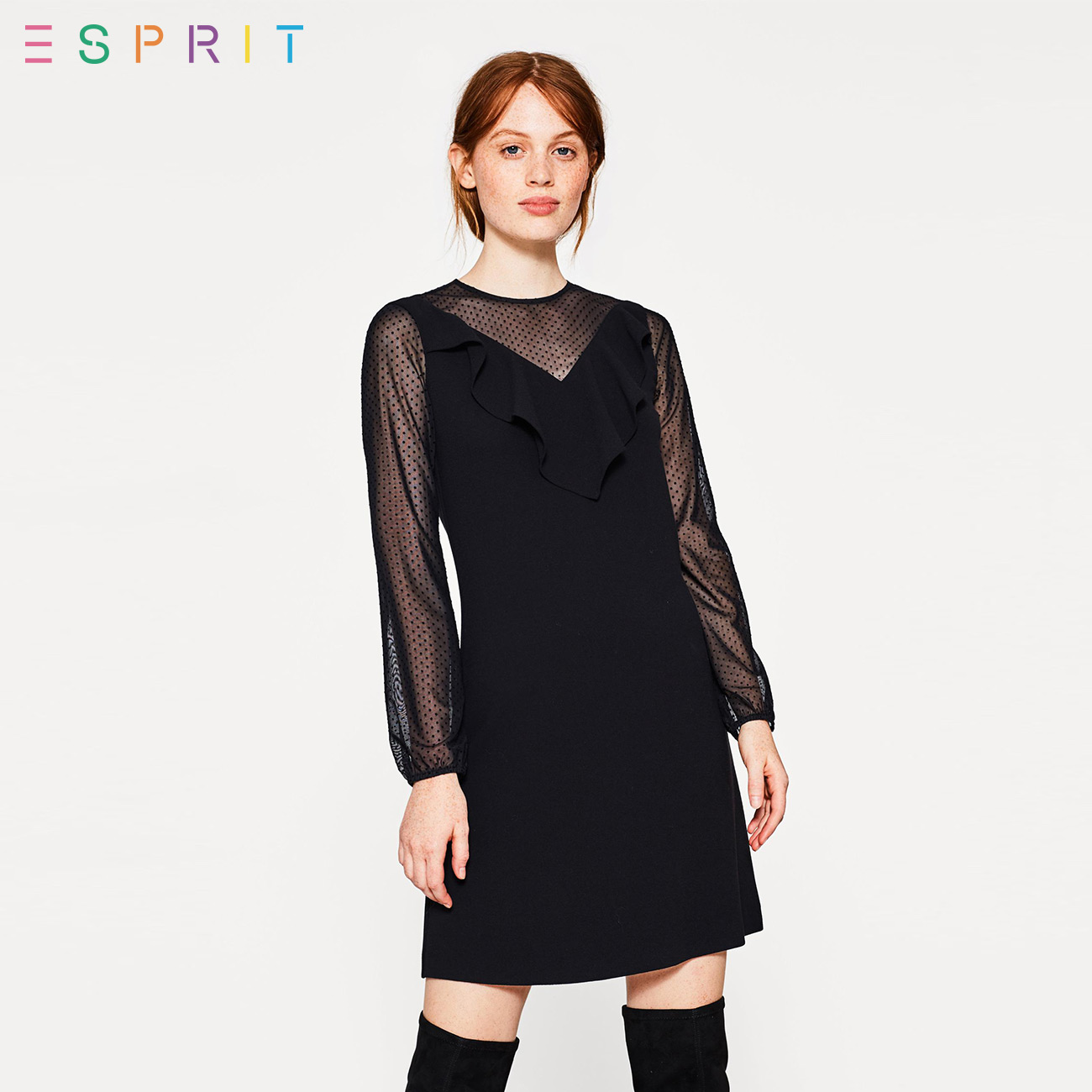 ESPRIT EDC女装2017冬修身款波点长袖连衣裙-117CC1E024