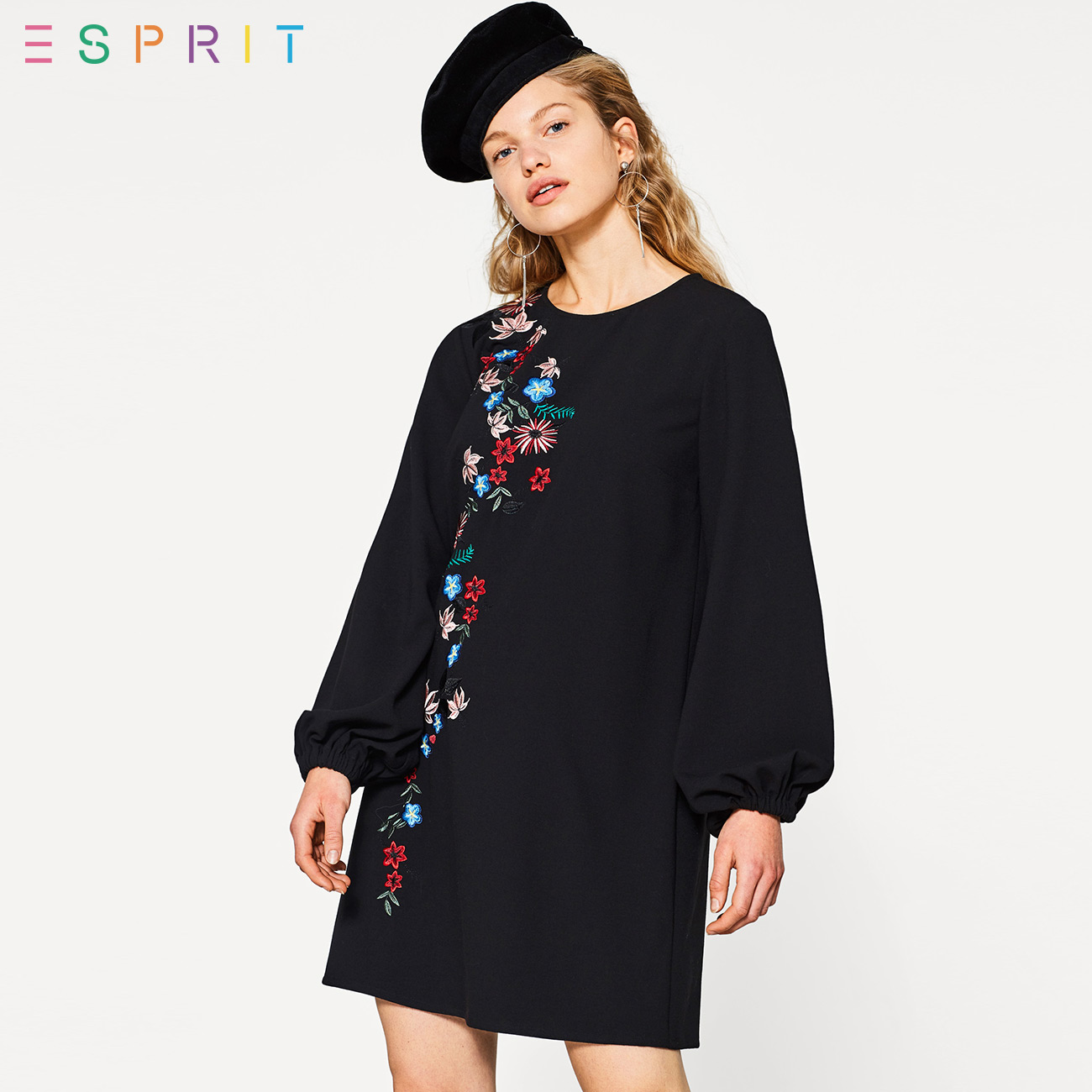 ESPRIT EDC女装2018春|新品|精美刺绣款长袖连衣裙-018CC1E026