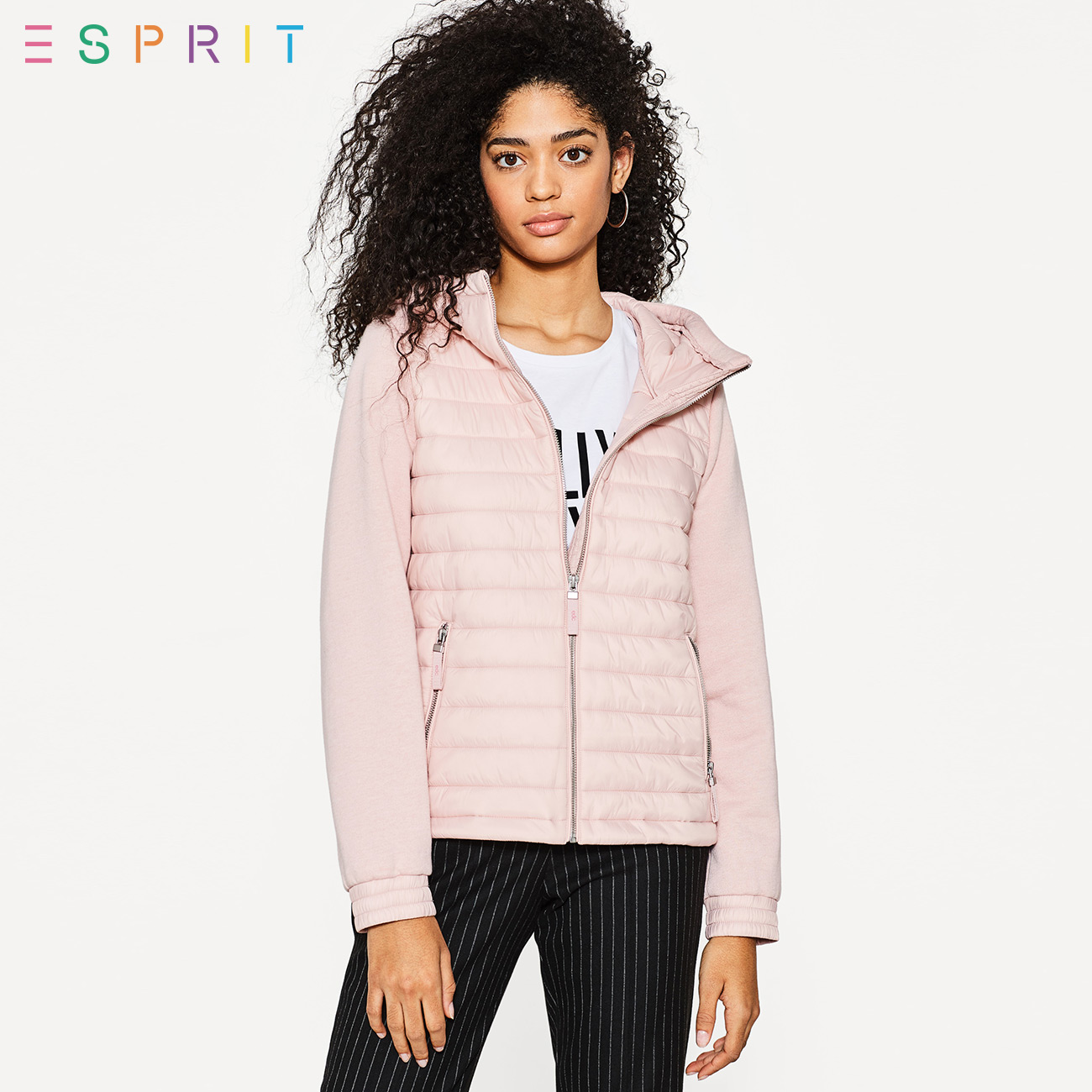 ESPRIT EDC女装2018春新品拼接修身拉链款连帽棉服-018CC1G013