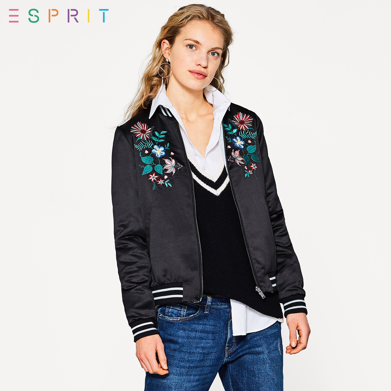 ESPRIT EDC女装2018春|新品|潮流刺绣休闲款短外套-018CC1G018