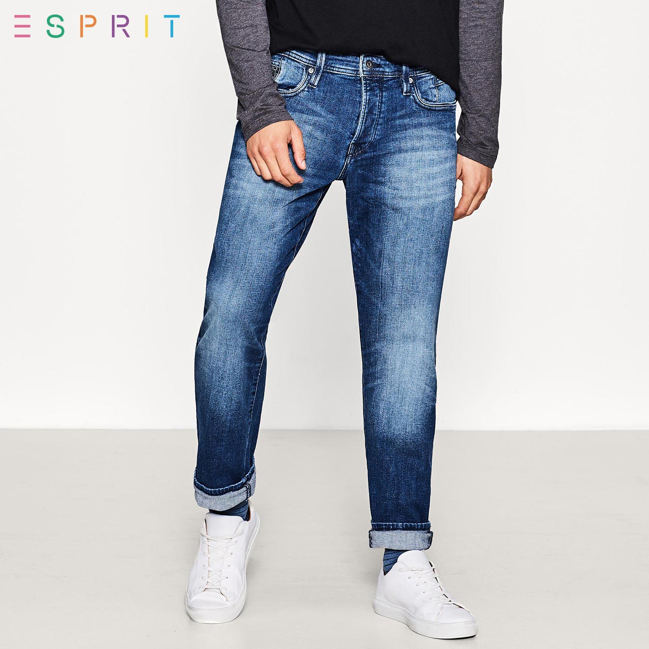 ESPRIT EDC男装2017冬新品商场同款直筒款牛仔长裤-107CC2B002