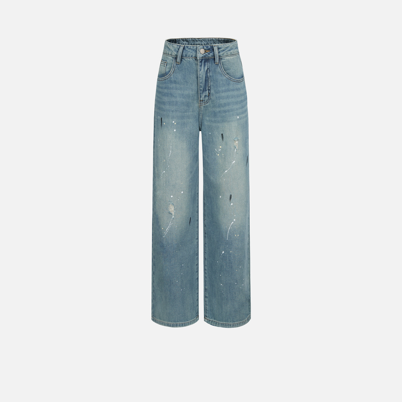 Basic House/Baijiahao Splash-Ink Graffiti Blue Straight-Leg Jeans for Women, High-Waisted Wide-Leg Pants for Autumn Basic House/Baijiahao Splash-Ink Graffiti Blue Straight-Leg Jeans for Women, High-Waisted Wide-Leg Pants for Autumn