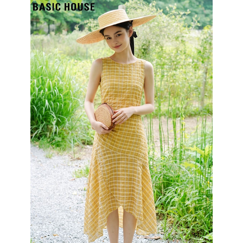 Basic House/Baijiahao Yellow Plaid Sleeveless Dress for Women, Summer Waist-Cinching Slimming A-Line Tank Dress
