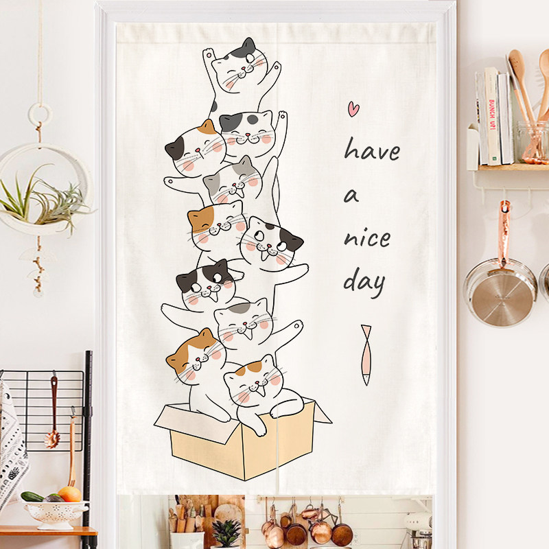 Kitty Bedroom Door Curtain Home Children's House Cloth Art Short Door Curtain Free of perforated anti-cat partition cord fabric Dormitory Half Curtain