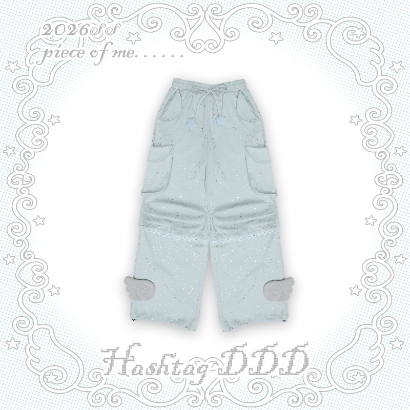 Hashtag Ddd Millennium Y2K Dreamcore Wide-Leg Elastic Blue-Green Wings Silver-Embossed Two-Way Wear Paratrooper Cargo Pants Hashtag Ddd Millennium Y2K Dreamcore Wide-Leg Elastic Blue-Green Wings Silver-Embossed Two-Way Wear Paratrooper Cargo Pants
