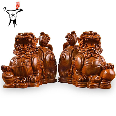 花梨木雕貔貅摆件实木公母一对办公室客厅风水装饰工艺品开业送礼