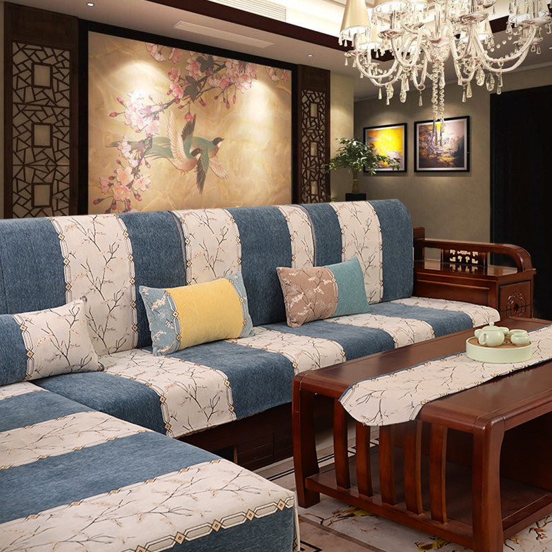2022 new Chinese style solid wood sofa cushion cover cover towel custom made non-slip four seasons universal striped mahogany sofa cushion